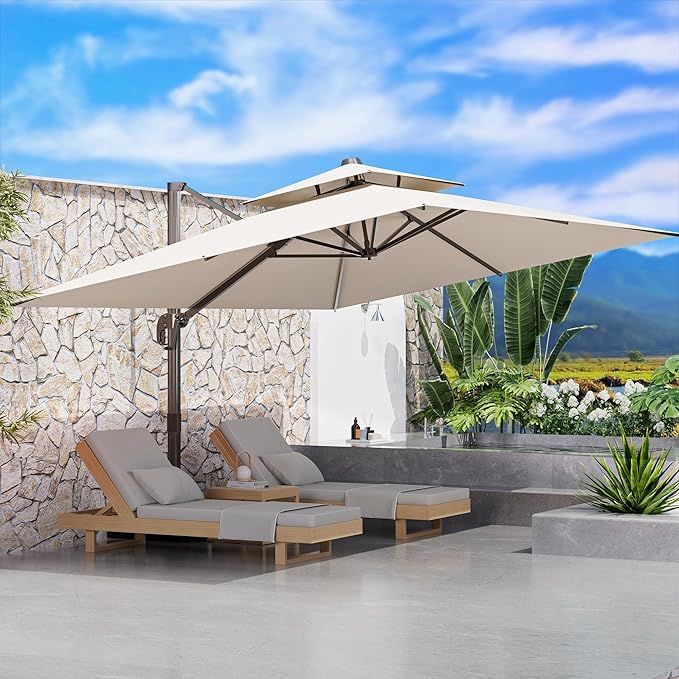 9' X 12' Cantilever Outdoor Patio Umbrellas Double Top Large Rectangle Umbrella Heavy Duty 360°Rotation Offset Umbrella for Garden Deck Pool Patio,Beige