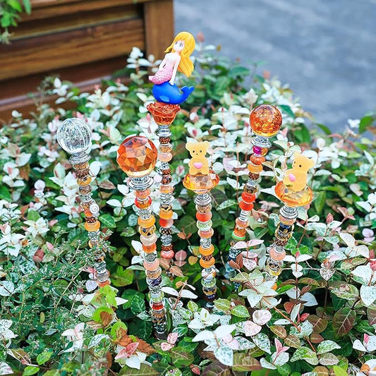 158 Pcs DIY Fairy Wand Garden Stakes Kit,Multiple Color Scheme European Beads Crystal Diamond Tops and 12 or 10 Inch Threaded Rods,Stainless Steel Stakes with Diamond Toppe (Sun)