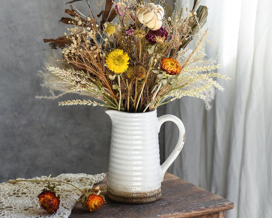 Quoowiit Ceramic Rustic Vase with Handle, White Distressed Decorative Farmhouse Pitcher Vase for Home Decor Living Room Bedroom Kitchen Office Shelf Decor Centerpiece Table Decoration