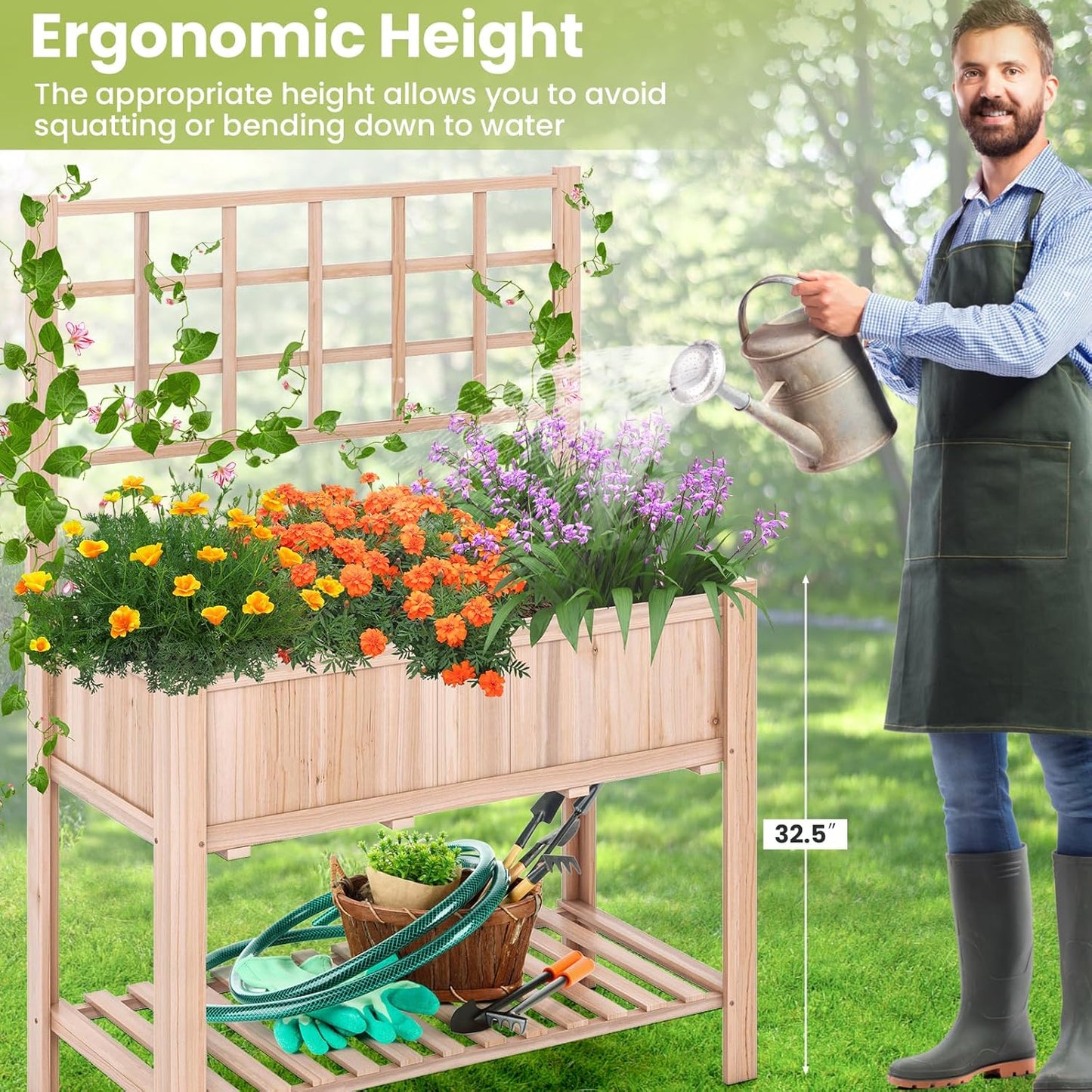 S AFSTAR Raised Garden Bed with Trellis, 42x21x58in Elevated Planter Box with Legs, Bottom Storage Shelf, Planter Liner, Wood Standing Planter Stand for Climbing Plants Flowers Vegetables Herbs