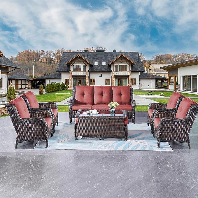 Rilyson Wicker Patio Furniture Chairs Set - 8 Piece Rattan Outdoor Patio Sectional Conversation Sets with 1 Sofa,4 Armrest Chairs,1 Coffee Table and 2 Ottomans for Porch Deck Garden(Brown/Red)