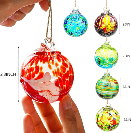 QFkris 6 Pack Hand Blown Glass Ornament for Christmas Tree, 2.3" Hanging Gazing Ball Witch Balls Glass Friendship Gift for Indoor Window Garden Outside Home Decor for Women