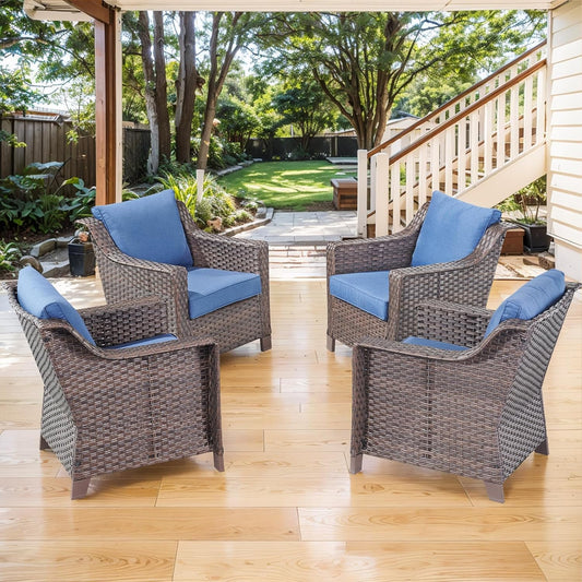 Outdoor Wicker Patio Chairs Set of 4 - Heavy Duty Outside Rattan Lawn Chair for Front Porch Balcony Backyard Yard Deck Poolside Apartment – Brown/Blue