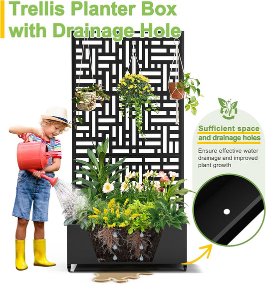 FENCY Metal Raised Garden Bed with Wheels and Trellis,73"x35"x16" Planter Box for Climbing Plants, Vegetables & Vines, Features Privacy Screen and Drainage Holes (Black-Geometric Lattice)