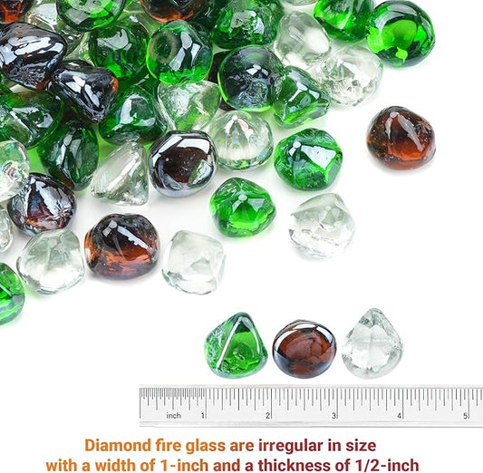 Skyflame 10-Pound Blended Fire Glass Diamonds for Fire Pit Fireplace Landscaping, 1/2 Inch Emerald Green, Crystal Ice, Amber Luster