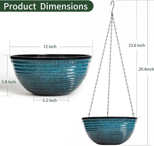 12 inch Hanging Planters for Indoor Outdoor Plants, 2 Pack Large Hanging Flower Pots with Drainage Holes and Chain, Glazed Hanging Baskets for Home Garden Decoration, Blue