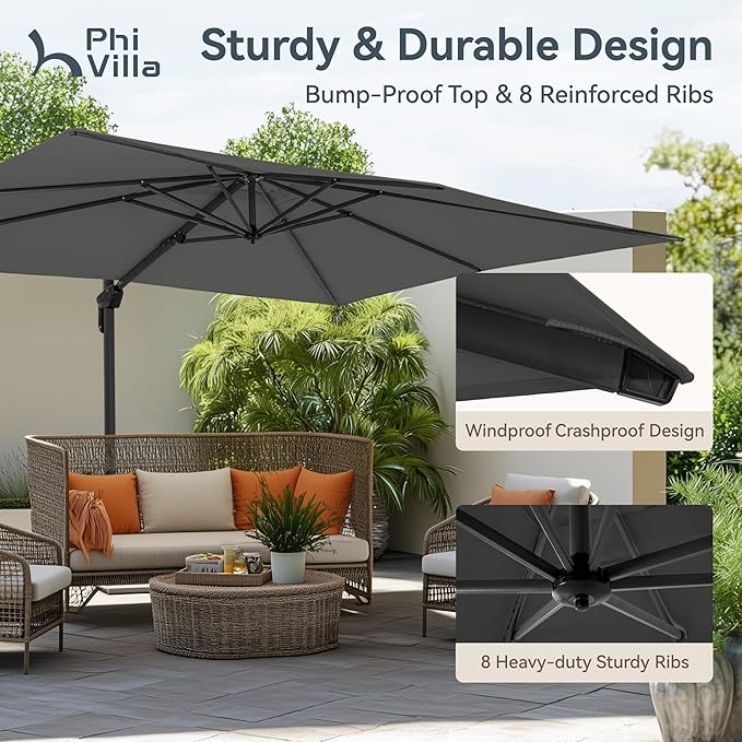 PHI VILLA 9'x12' Outdoor Patio Deck Umbrella with Base. 360° Rotation & 6-Level Tilt with Easy Crank Handle. Rectangle Offset Cantilever Umbrella Heavy Duty for Garden Poolside Backyard (Grey)