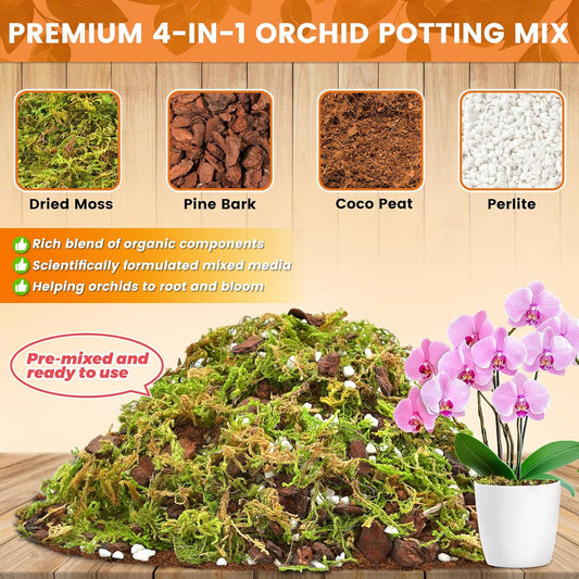 Legigo 2 QT Orchid Potting Mix- Natural Orchid Soil Mix for Repotting with Moss, Pine Bark, Coco Peat and Perlite, Enhanced Drainage Orchid Bark Potting Mix Repotting Kit for Indoor Plant Growth