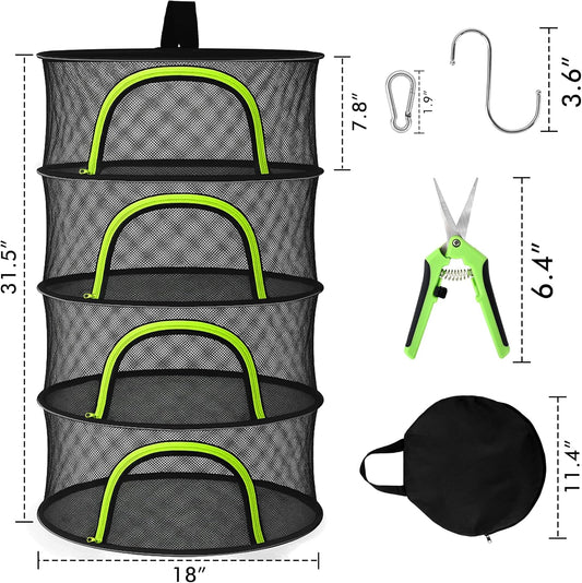 Herb Drying Rack Hanging Mesh 4 Layer 18" with Zipper, Garden Pruning Shear, Hook & Carabiner Clip for Drying Herbs, Plants, Seeds, Buds | Hydroponics & Grow Tents Herb Dryer Hanging Rack