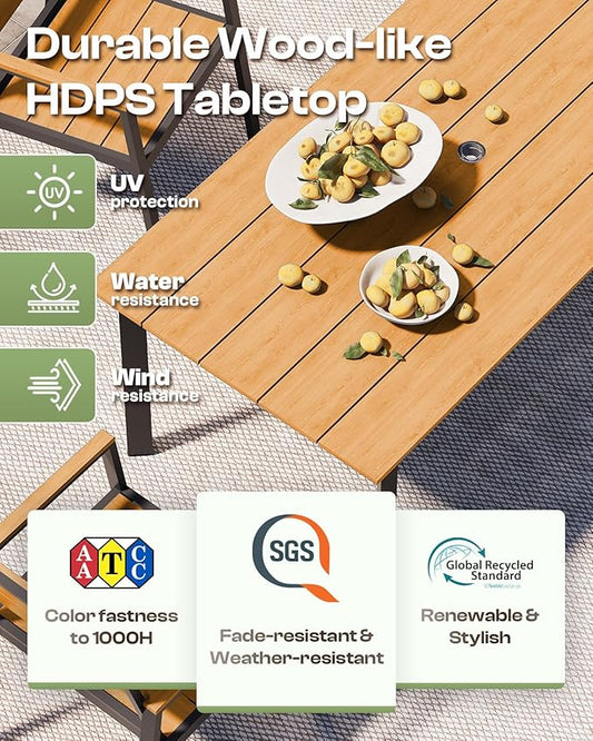 Outdoor Dining Set for 6, Outdoor Table and Chairs Set with Umbrella Hole, Patio Dining Sets, 7 Pieces HDPS Outdoor Furniture Sets for Patio, Garden, Backyard (Gray & Teak)