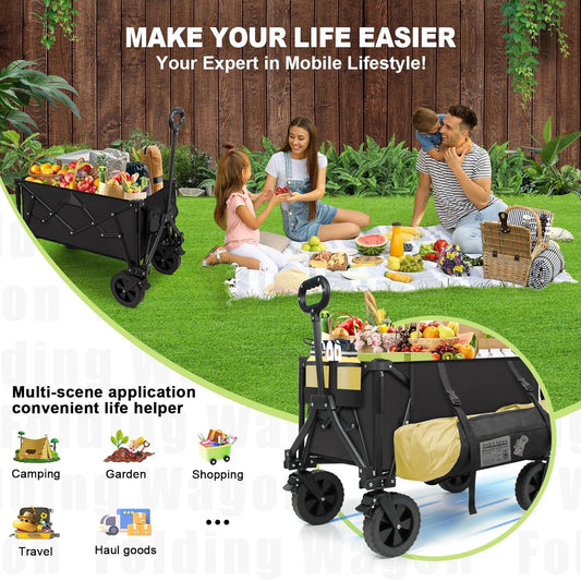 Wagons Carts Foldable Collapsible Wagon Utility Cart 300lbs 130L with Side Pocket and Brakes for Beach Garden Shopping Camping Sports