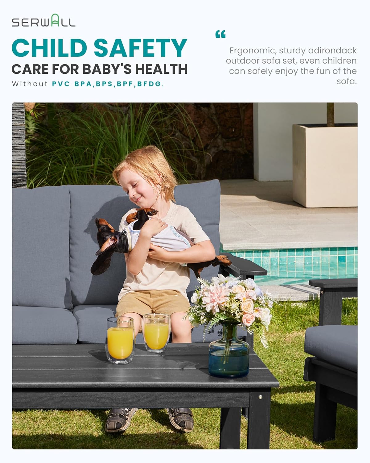 SERWALL HDPE Patio Furniture Set, 5 Piece All Weather Wood-Like Sectional Outdoor Furniture Set, Grey Patio Sofa Couch with Grey Cushions for Deck, Lawn