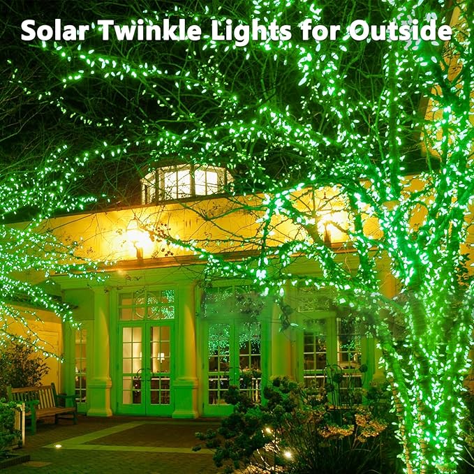 4 Pack 180FT Solar Christmas Lights Outdoor Waterproof, Super Bright 320 LED Solar String Lights with 8 Lighting Modes, Green Wire Twinkle Tree Light for Outside Xmas Party Decorations (Green)