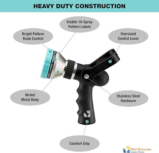 Heavy Duty Metal 10 Pattern Fireman’s Hose Nozzle 500003 with Lever Control and Comfort Grip by New England Garden Tools for Cleaning, Watering Plants & Yards, Washing Cars & Livestock