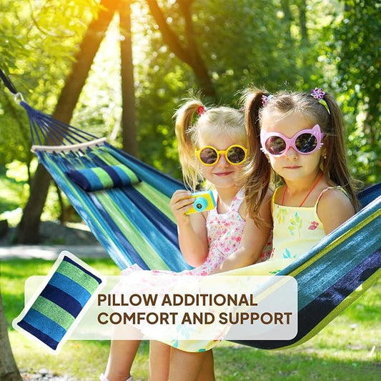 Chihee Cotton Hammock Large Soft Breathable Camping Hammock Holds Up to 660lbs Portable Tree Hammock with Detachable Spreader Bar Pillow 2 Strong Webbings 2 Carabiners Patio Garden Indoor Outdoor