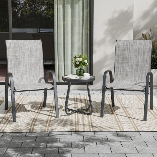 UDPATIO Patio Dining Set of 3, Outdoor Table and Chairs Set with Glass Table, 2 Stackable Patio Chairs with High Back, Outdoor Furniture Sets for Deck Garden Backyard Lawn Poolside (Light Grey)