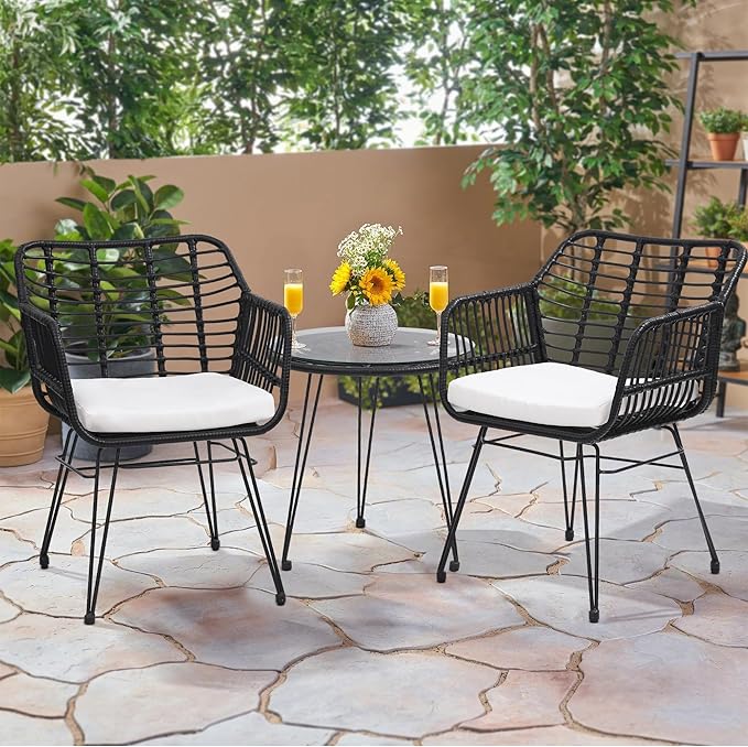 3 Piece Wicker Patio Bistro Furniture Set, Includes 2 Rattan Chairs and Glass Top Table, Ideal for Porch, Outdoor, Backyard, Apartment, Balcony, Black