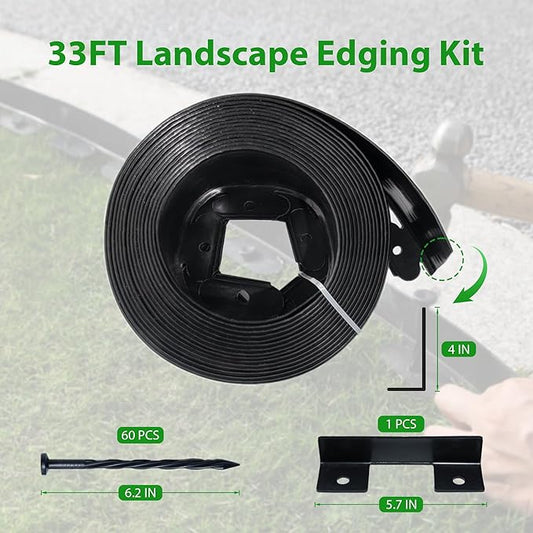 Landscape Edging Border 33 FT 4 Inch Tall with 60 Spikes, Plastic Edging for Landscaping, Garden Edging Border, Flower Bed, Paver and Lawn Edging Border, Black