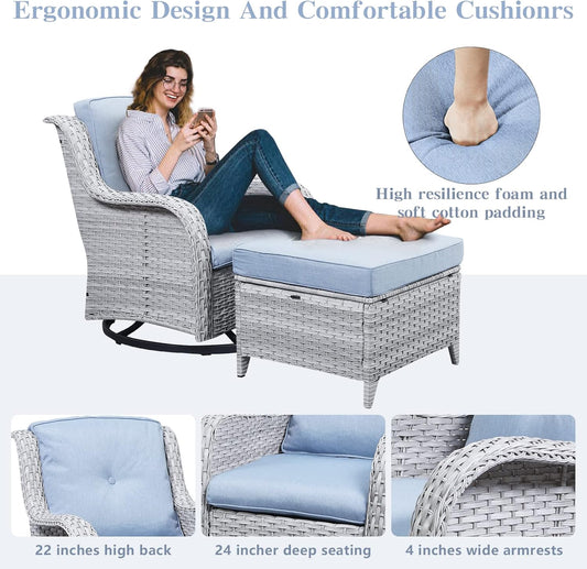 Wicker Outdoor Furniture Patio Furniture Set - 6 Piece Patio Conversation Set with Swivel Rocker Chairs, Rattan Sofa, Ottomans and Coffee Table, Baby Blue Cushion