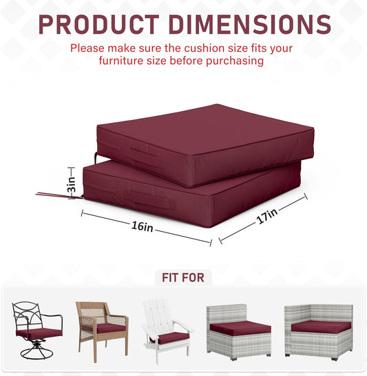 Patio Chair Cushions 17 X 16 X 3 Inch Waterproof Outdoor Seat Cushions for Patio Furniture, Outdoor Sofa Couch Pads with Ties & Handle, Set of 2, Burgundy