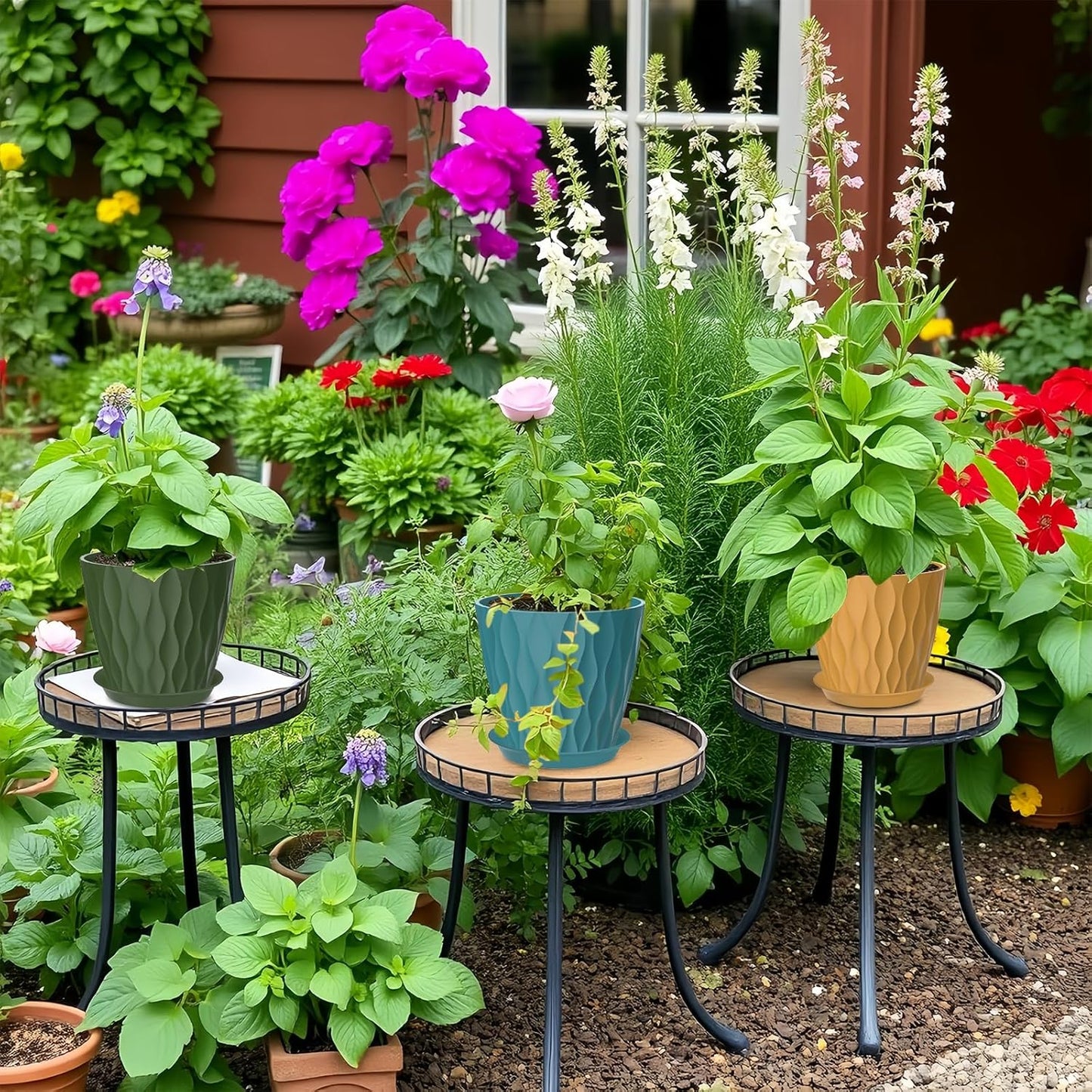 6 Pack 7 Inch Plant Pots with Drainage and Saucers, Multicolour Plastic Flower Pots for Indoor and Outdoor Plants, Stackable Nursery Planters for Houseplants and Herbs, Multicolour