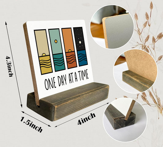 Primitive Wooden Sign, One Day at A Time, Desk Plaque with Wooden Stand 4 x 4.3 inches, Modern Decoration, Farmhouse Table Plaque Signs, Rustic Home Decor Plaque, Inspirational Sign, Uplifting Gift A