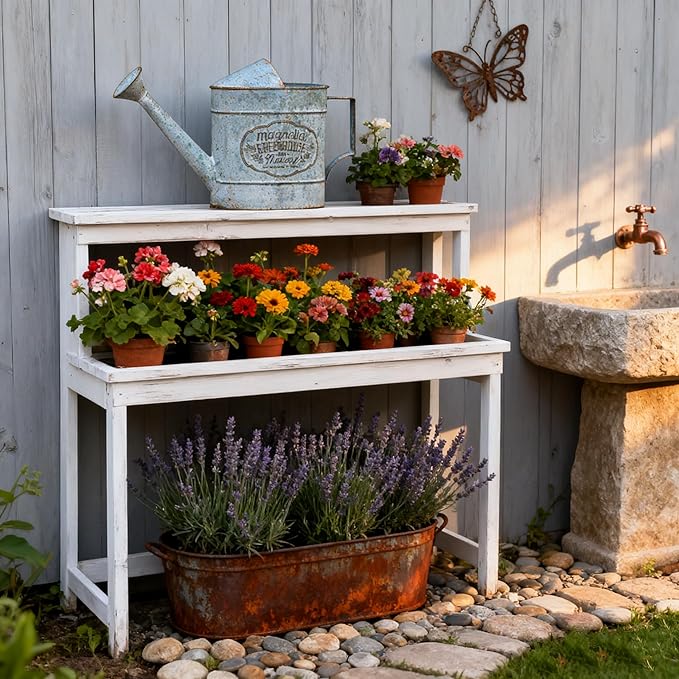 Vintage Galvanized Metal Watering Can, Magnolia Greenhouse Design, Decorative Watering Pot, Functional Garden Waterer for Indoor Outdoor Plant Care, Rustic Decor for Home Garden Patio