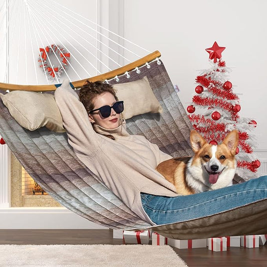 Double Hammock, 11 FT Quilted Fabric 2 Person Hammock for Outside with Pillow, Folding Curved Spreader Bar, Chains, Carrying Bag, Indoor Outdoor, 450 IB Capacity, Aqua Green