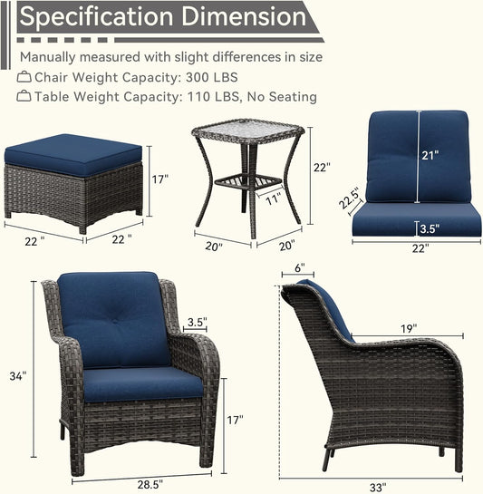 5 Pieces Patio Conversation Set, Wicker Chairs Set of 2 and Two Ottomans with 3.5-inch Seat Cushions, 1 Side Table High Back and Curved Armrest for Backyard, Balcony and Deck, Blue