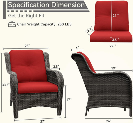 Patio Wicker Chairs Set of 2, Patio Rattan Dining Chairs with 3.5-inch Seat Cushions, High Back and Curved Armrest for Garden, Backyard, Balcony and Deck, Red