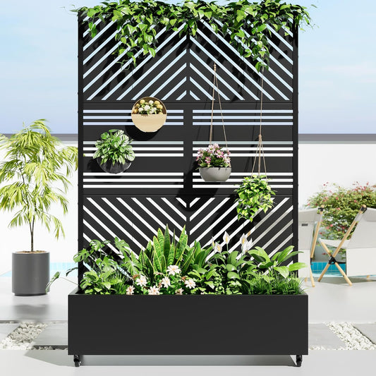 Casaphoria Metal Raised Garden Bed with Trellis and Wheels, 72"x47"x16" Planter Box for Climbing Plants, Vegetables & Vines, Features Drainage Holes and Privacy Screen, Black(Parallel&Harold)