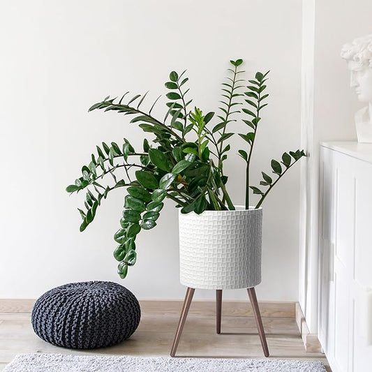 D'vine Dev 16 Inch Modern Geometric Tile Patterned Sleek Planter Pot with Stand, Indoor Outdoor Decorative Plant Holder, Matte White, 88-Z-E-1