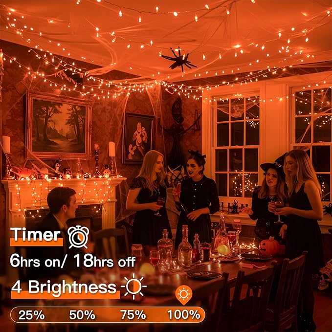 suddus Orange String Lights Outdoor with Remote, 33ft 100 LED Connectable Waterproof Halloween Lights Plug in, Dimmable Clear Wire Fairy Lights for Fall,Thanksgiving, Party, Tree, Garden, Porch Decor