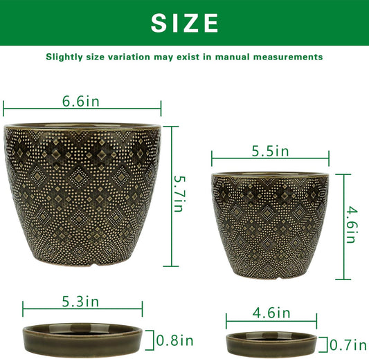 Docrin Ceramic Plant Pots Indoor, 6.6 + 5.5 Inch Planters with Drainage Holes and Saucer for Home/Office - Set of 2 /Dark Green