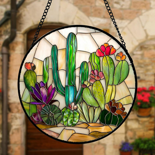 Stained Glass Window Hanging, White Green Cactus Suncatcher Diamond Glass Panel Hangings Sun Catchers Decor for Birthday for Women, Men, Wife, Aunt, and Mom 9.8 in