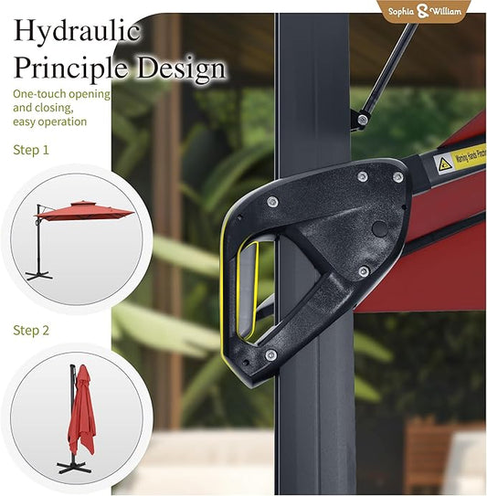 Sophia & William Cantilever Patio Umbrella 12ft, Offset Large Outdoor Umbrellas with 360°Rotation, Heavy Duty Hydraulic Double Umbrella for Garden Pool Backyard, Red (no base)