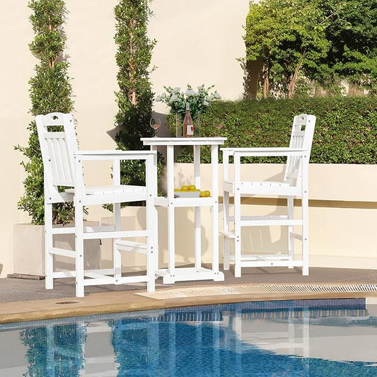 HDPE Outdoor Patio Tall Adirondack Bar Chairs Set of 2, All-Weather Bar Height Balcony Adirondack Stools for Bistro, Garden, Backyard, Pool, Deck | White