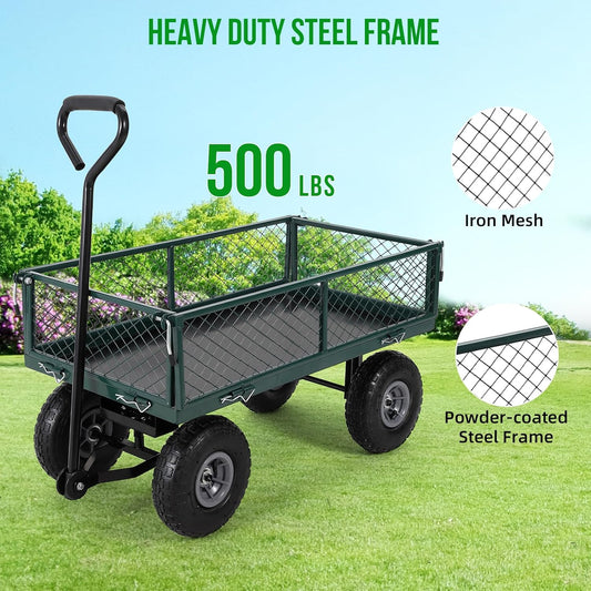 Heavy Duty Steel Garden Cart Folding Utility Wagon with Removable Cart Liner, 500 Lbs Capacity