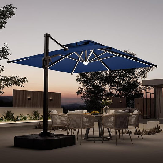 10x10 FT Cantilever Patio Umbrella with Led Lights Double Top Outdoor Square Heavy Duty Offset Umbrellas 360°Rotation Free-motion Track Tilt Windproof for Pool Deck Garden, Navy