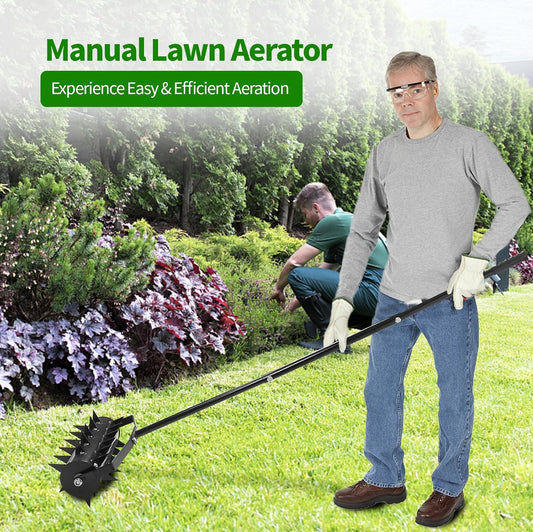 Rolling Lawn Aerator, 18 Inch Manual Aerator Lawn Tool Aerator Lawn Soil Penetrator with 50 Inch Handle, Lawn Aerator Roller for Garden Yard