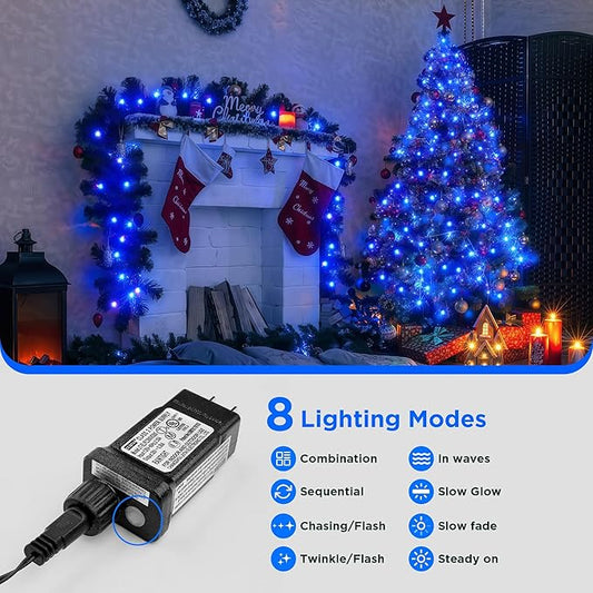 BlcTec Christmas Lights Indoor Outdoor, 300 LED 108FT Christmas String Lights with UL Certified, 8 Lighting Modes, End to End Connectable, Timer, Waterproof & Memory for Xmas Decorations, Blue