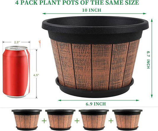 Quarut 4 Pack 10 inch Plant Pots,Upgrade Whiskey Barrel Planters with Drainage Holes & Saucer,Plastic Decoration Flower Pots Retro Design,Planters for Outdoor Indoor Garden Home Plants (Brown)