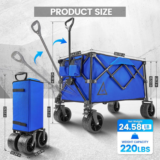 Wagon Cart Shopping Foldable Folding Collapsible with Wheels Big On Beach Garden Outdoor Grocery Heavy Duty Utility All Terrain Portable Wagons Carts for Groceries Sand Camping Sports Blue