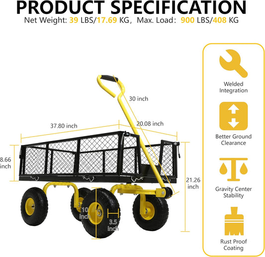 Steel Garden Cart, 2-in-1 Heavy Duty Utility Wagon 900 LBS Capacity Carts with Removable Mesh Sides to Convert into Flatbed, 240° U-Turn 10" Pneumatic Tires Garden Wagon for Lawn Camping Farm Yard