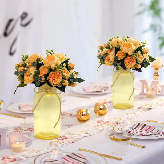Vintage Glass Flower Vase,6 Pack Gold Amber Farmhouse Glass Centerpiece Vases Mason Jars for Weddings, Parties & Home Decor Bulk (6, Gold)