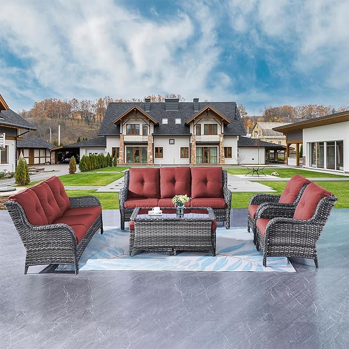 Rilyson Wicker Patio Furniture Sofa Set - 7 Piece Rattan Outdoor Patio Sectional Conversation Sets with 2 Sofa,2 Armrest Chairs,1 Coffee Table and 2 Ottomans for Porch Deck Garden(Mixed Grey/Red)