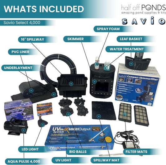 HALF OFF PONDS Savio Select 4,000 GPH Submersible Pump Pond Kit with 15' x 20' PVC Plastic Pond Liner, UV Clarifier for Water Garden & Koi Pond
