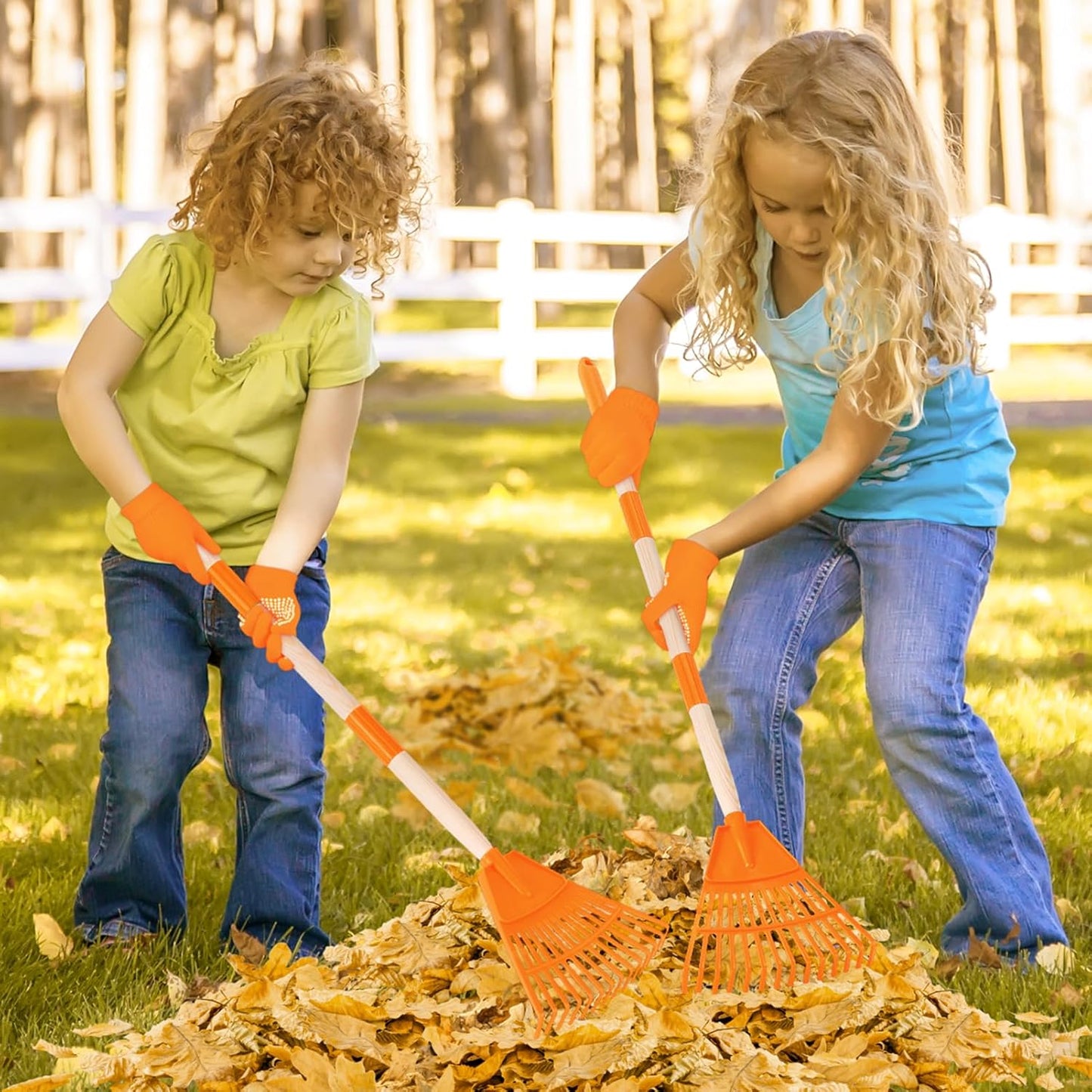 4 Pcs 35'' Kids Rakes for Leaves - Plastic Rake Head with 4 Pairs Kids Gloves, Small Kids Lawn Rakes Detachable Wooden Handle, Autumn Garden Tool Set for Kids Boys and Girls, Orange, 3yr+
