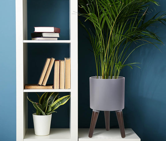 D'vine Dev 8 Inch Planter Pot with Stand, Mid-Century Tall Plant Pot with Legs for Indoor Plants, Small, Grey, 88-O-A-3
