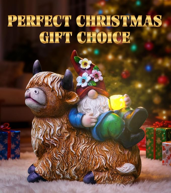 Christmas Garden Gnomes Statues Sitting On Highland Cow, Hold Solar Cup, Outdoor Decorations for Patio,Yard, Highland Cow Christmas Decorations